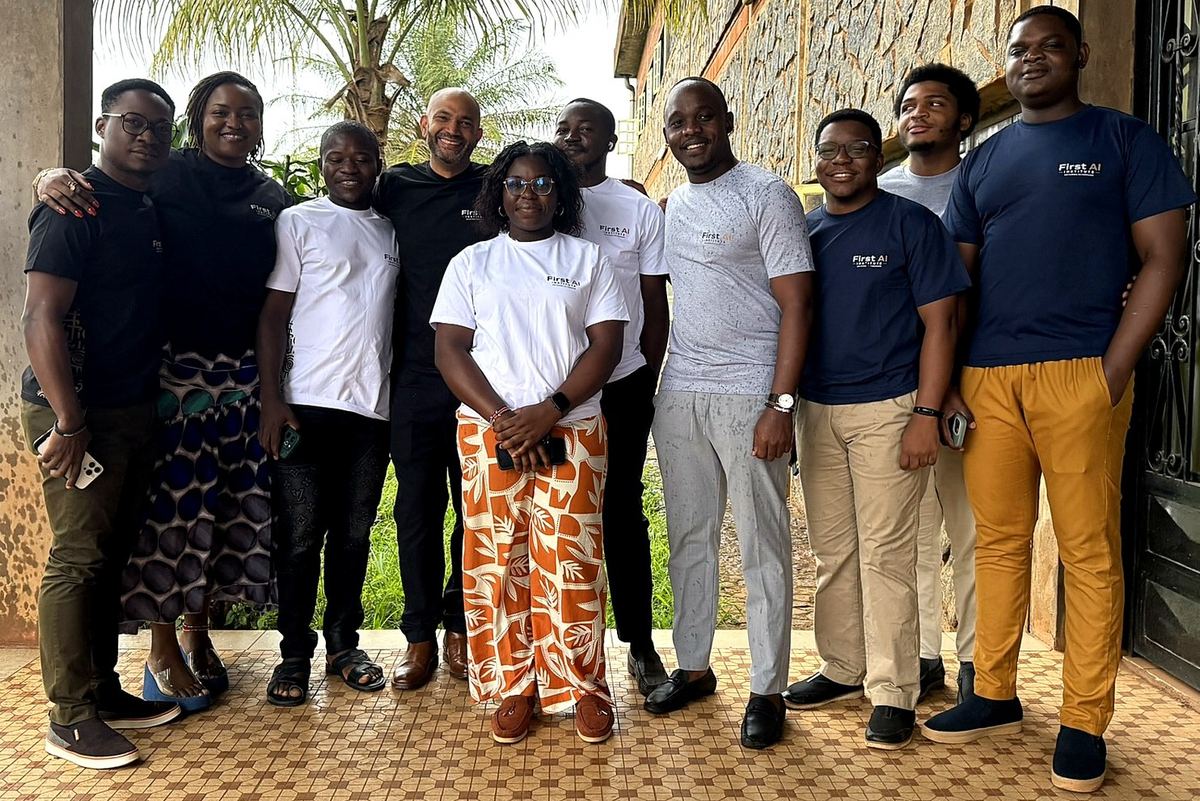 First AI Institute team members on the porch of the Institute building